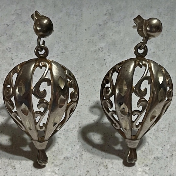 Signed © 925 Sterling Silver Filigree Balloon Drop Earrings
